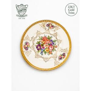 Hampton China Floral Plate 22KT Gold Trim Vintage Decorative Dish Made in USA